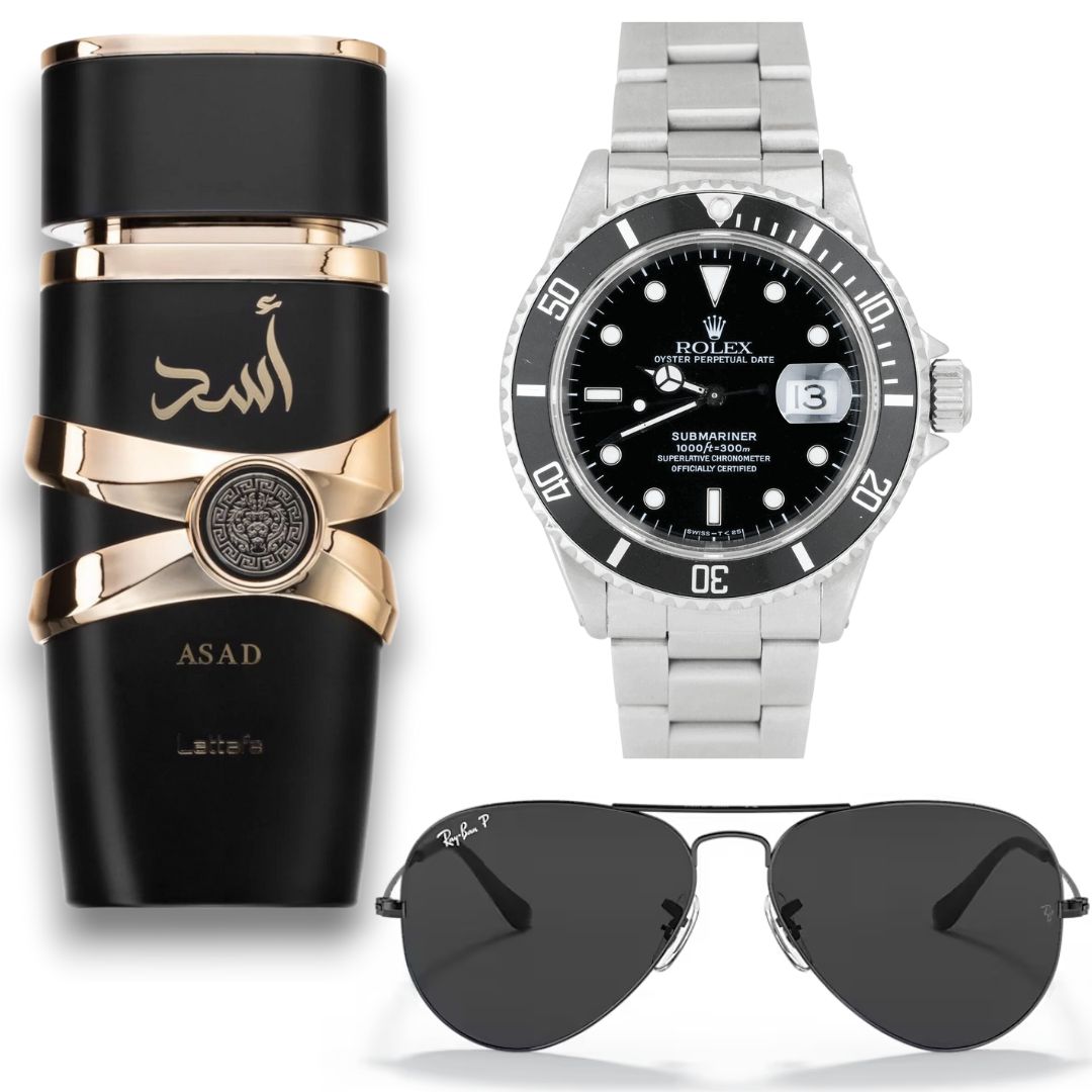 COMBO ASAD + ROLEX PLATA + GAFAS RAYBAN