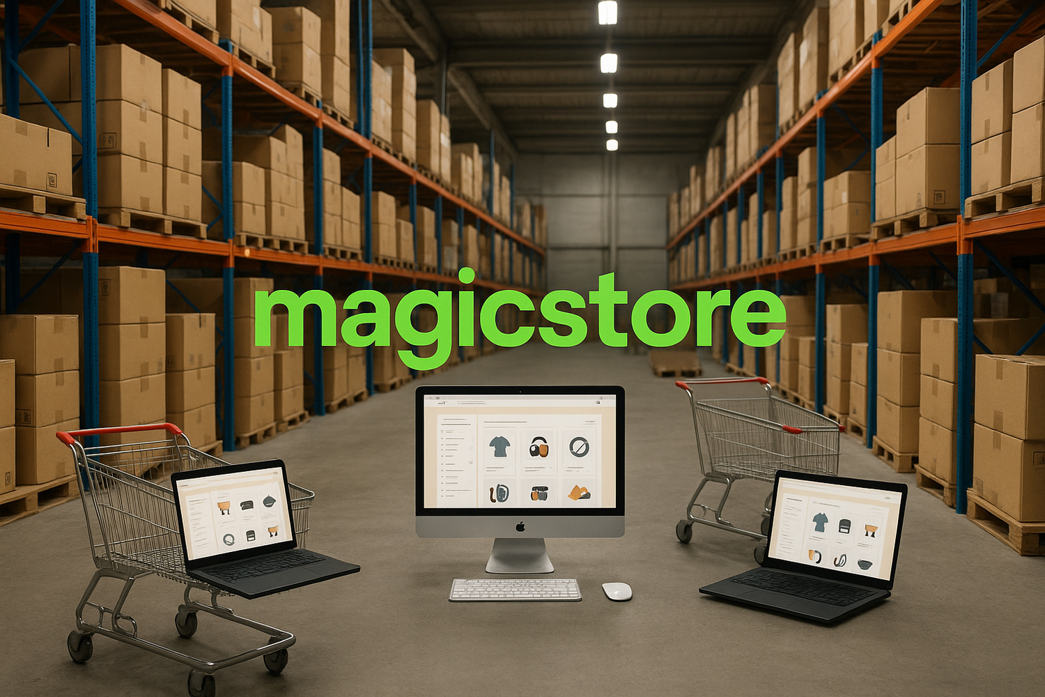 mejora el fondo hazlo mas hiperel fondo las cajas deben ser como luce una bodega normal los computadores con sus colores nomales y el titulo de magicstore debe ser de color verde