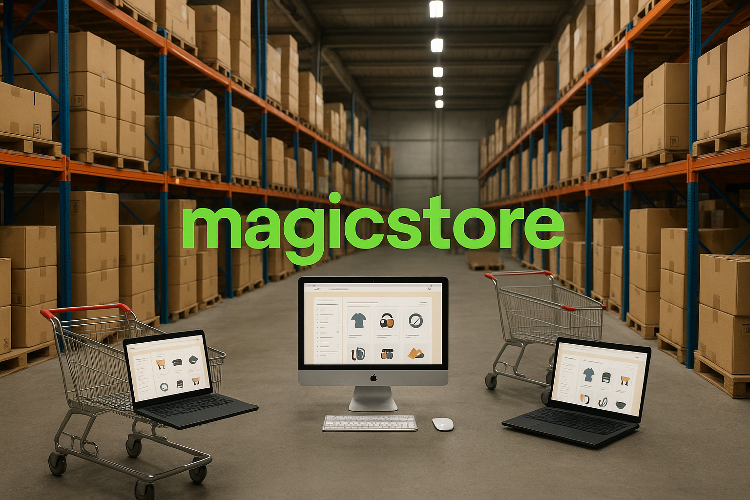 mejora el fondo hazlo mas hiperel fondo las cajas deben ser como luce una bodega normal los computadores con sus colores nomales y el titulo de magicstore debe ser de color verde